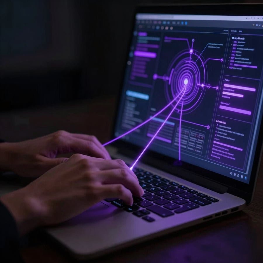 Dłonie piszące na laptopie podczas wdrożenia automatyzacji, linie danych łączące się z interfejsami systemów firmowych